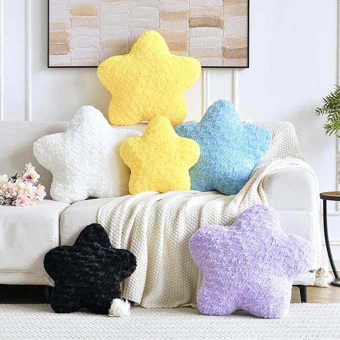 Star Pillow, 19.7" Star Shaped Plush Pillow for Couch Bed Sofa, Cute Decorative Throw Pillows with Soft Faux Fur Room Decor for Bedroom Living Room (White)