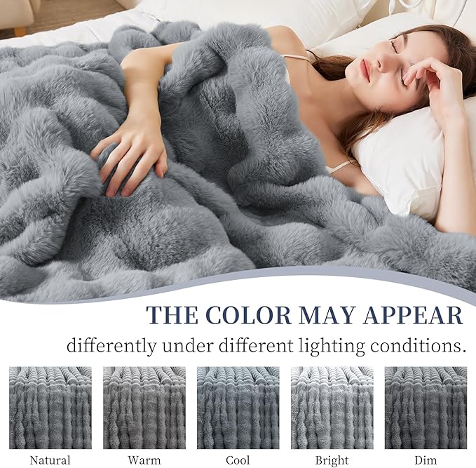 Faux Rabbit Fur Throw Blanket for Couch, Fluffy Warm Plush Thick Bubble Blanket for Bed Sofa Living Room, Soft Cozy Furry Blanket, 50x60 inches, Gray