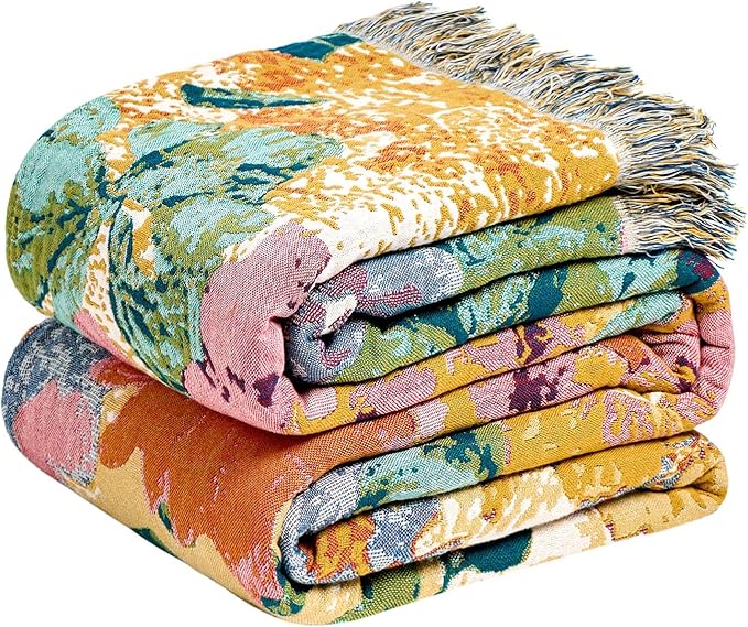 Boho Throw Blanket for Couch Sofa Chair Cotton Spring Blankets for Bedroom Living Room All Season Soft Lightweight Reversible Floral Embroidery Breathable Decorative Throws 50"x60"