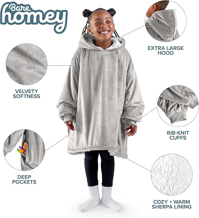 Bare Home Wearable Blanket Hoodie - Soft Plush Sherpa - Warm and Cozy - Oversized Wearable Blanket - Adult & Kid Sizes