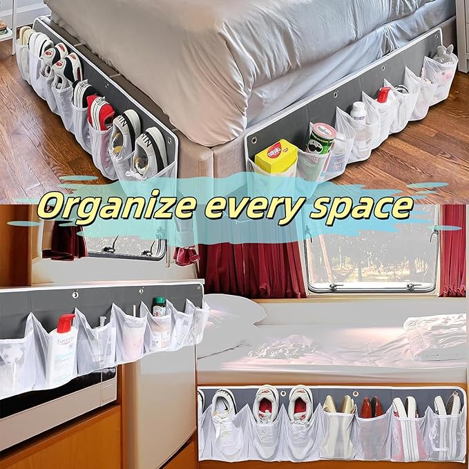 Rv Shoe Storage Solutions, 2 Pcs Hanging Shoe Organizer for Bedside, 16 Extra Large Pocket with Sturdy Hooks And Sticky Hook, Space Organization for Rv Campers More Than Just Shoes (White)