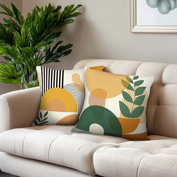 PICKFORU Boho Throw Pillow Covers Set of 4, 18x18 inch Abstract Yellow Green Throw Pillowcase Modern Art Cushion Case for Couch Sofa