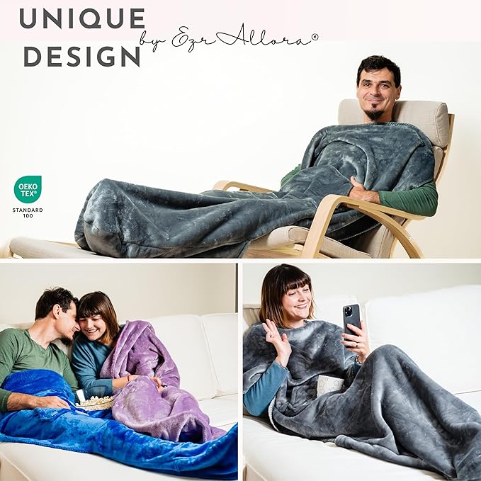 Premium Double Layer Foot Pocket Blanket -Patent Pending- Gamer Gift for Men Who Have Everything - Father's Day Useful Gifts for Dad Who Wants Nothing (Double Layer, Silver Grey)