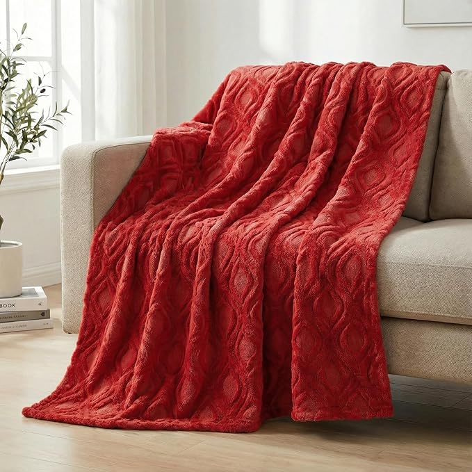 Horaldaily Solid Blanket Throw, Red Accent Farmhouse Neutral Square Euro Soft Fuzzy Plush Faux Fur Cozy Blankets for Couch Sofa Bed Lounging, Ideal Gifts for Kids Adults Wife Self, 50x60