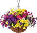 Artificial Fake Hanging Flowers with Basket for Outdoors, Faux Petunias Flowers Fake Hanging Plants with Eucalyptus Realistic UV Resistant for Outside Patio Garden Porch Balcony Yard Decor(4 Colors)