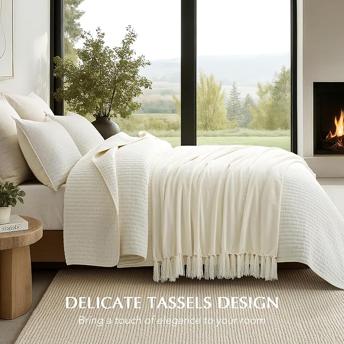 EverGrace Soft Chenille Throw Blanket for Couch, Cozy Plush Fuzzy Decorative Chenille Knit Throw Blanket with Tassels, Lightweight Blanket and Throws for Bed Sofa Gift Home Decor, Ivory White 60"x80"