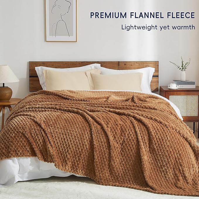 PHF Ultra Soft Flannel Fleece Blanket Queen Size, Lightweight 3D Jacquard Fleece Blanket, No Shedding, No Pilling, Luxury 340GSM Aesthetic Fluffy Cozy for Bed Room Decor, 90"x90", Brown Sugar/Toast