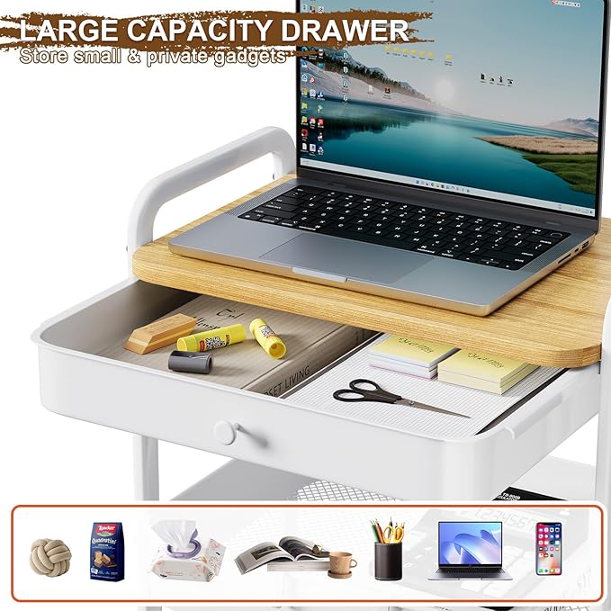 3 Tier Rolling Cart Metal with Table Top and Drawer, White Storage Cart with Wooden Top and Wheels, Three Tier Utility Carts Organizer for Art, Craft, Baby Diaper Caddy, Snack, Nail, Book, Makeup