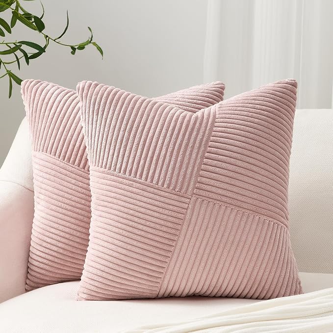 Topfinel Set of 2 Pink Decorative Yellow Throw Pillow Covers 20x20 Inch for Couch Sofa Bed, Rustic Farmhouse Boho Home Decor, Soft Corduroy Windmill Textured Striped Patchwork Cushion Cases