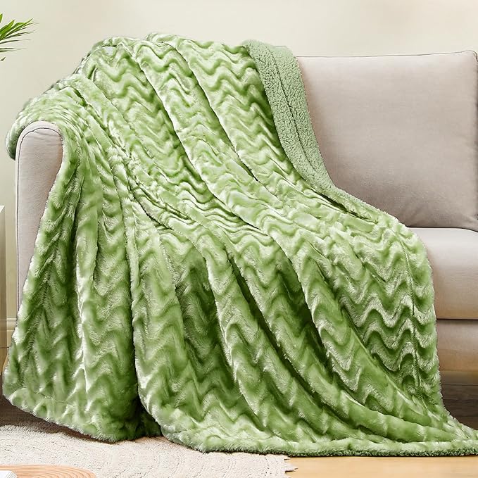 Whale Flotilla Faux Fur Sherpa Throw Blanket for Couch Sofa, Cozy Reversible Fuzzy Fluffy Plush Throws for All Season, Warm and Soft, 50x60 Inch, Sage Green