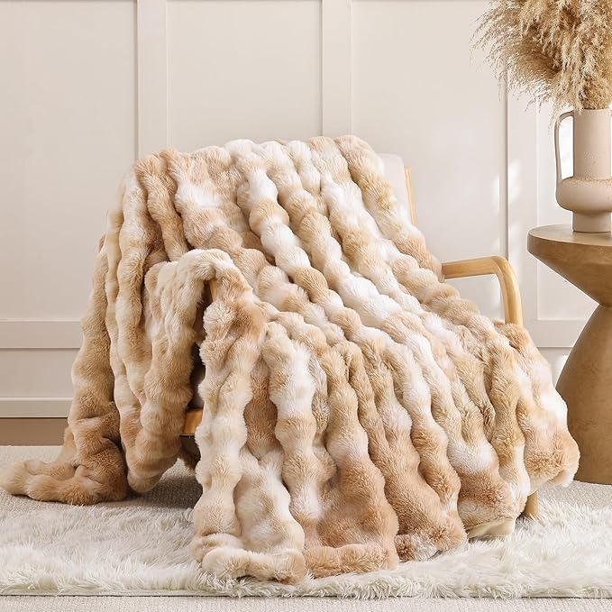 Smoofy Faux Fur Throw Blanket for Couch – Tie-dye Camel Fluffy Cozy Rabbit Fleece, Plush Soft Bubble Blanket for Sofa & Bed, for Mom, Warm Fuzzy Home Room Decor Throw 50" x 60"