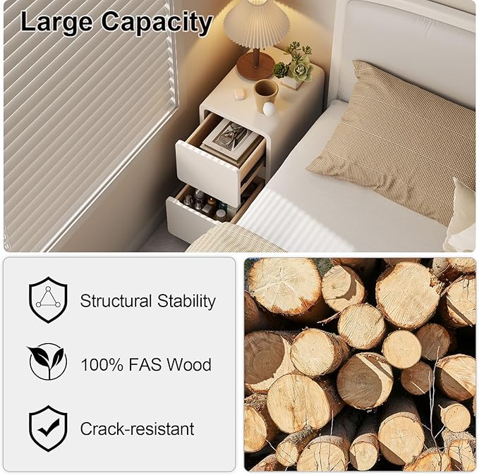AQIMUELE Narrow Nightstand - Narrow Bedside Table with Drawers, Wood Small Nightstand with Leather Surface for Bedroom, White - 11.8" W