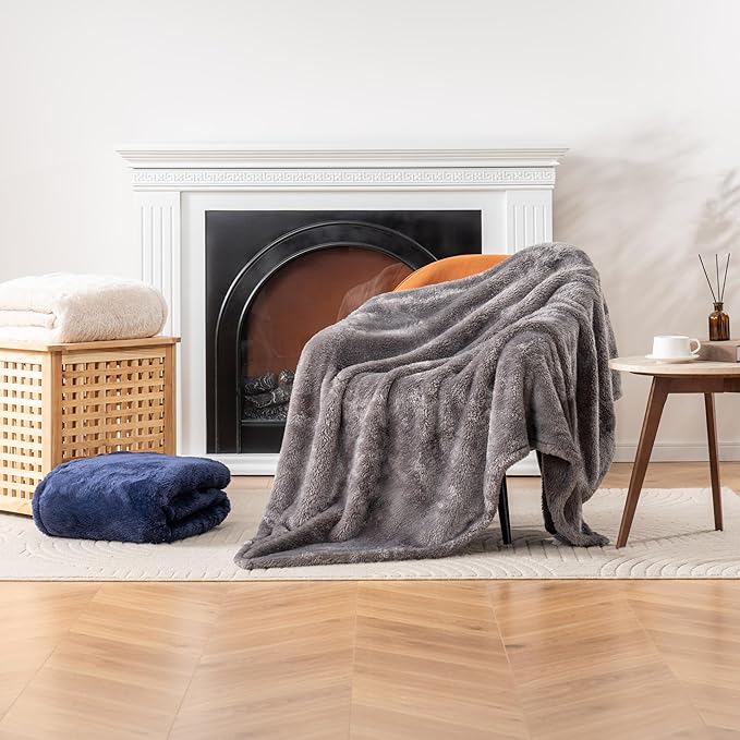 Berkshire Blanket Classic Extra-Fluffy™ Plush Blanket,Twin Size Bed Blanket,Soft Fuzzy Fluffy Long Hair Blanket for Couch Sofa Bed,Shadow Grey,60x92 Inches, E0554-TX-05U