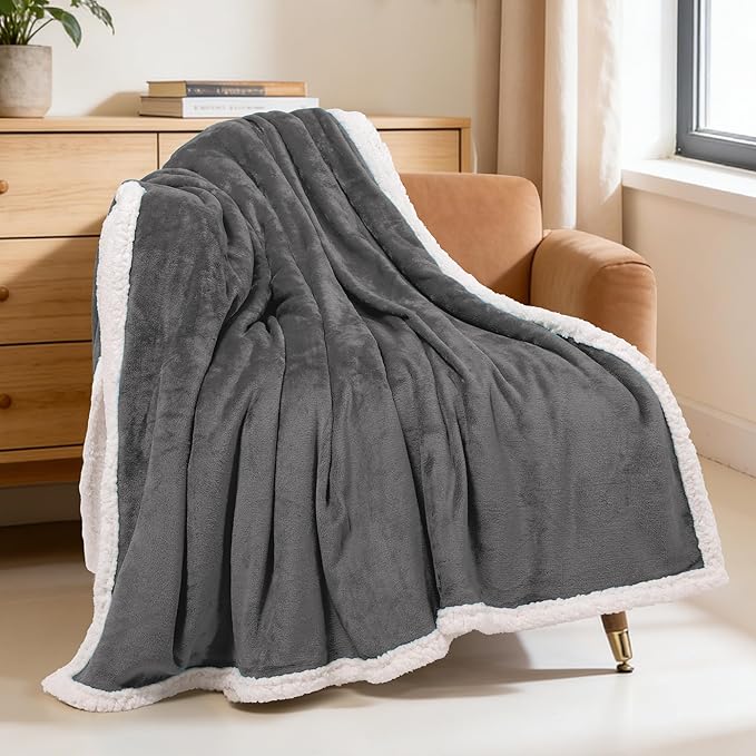 BEAUTEX Sherpa Fleece Throw Blanket Twin Size for Couch - Thick and Warm Blanket for Winter, Fluffy Flannel Plush Twin Blanket, Fuzzy Grey Cuddle Blankets for Couch Bed Sofa (60" x 80", Grey)