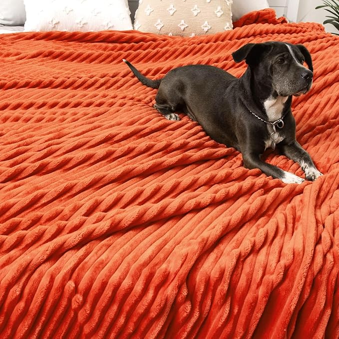 MIULEE Burnt Orange Throw Blanket 3D Ribbed Jacquard Fleece Flannel Velvet Plush Decorative Bed Blanket (Throw, 50" x 70") - Super Soft, Lightweight, Warm and Cozy for Couch Sofa