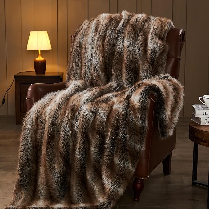 NEWCOSPLAY Faux Fur Twin Blanket Luxury Fluffy Thick Warm Blanket for Couch Sofa Bed 1000GSM (Stripe Dark Brown Thick, Twin(60"x80"))