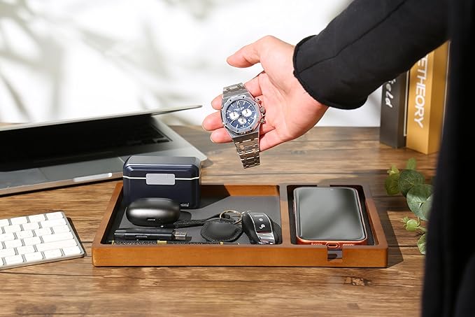 Shinpuru Wooden Valet Tray with Leather Inlay - Nightstand & Desk Organizer - EDC Essentials Catchall Tray for Keys, Phone, Wallet, Watch, Earbuds - Stylish Storage (Wood-Phone)