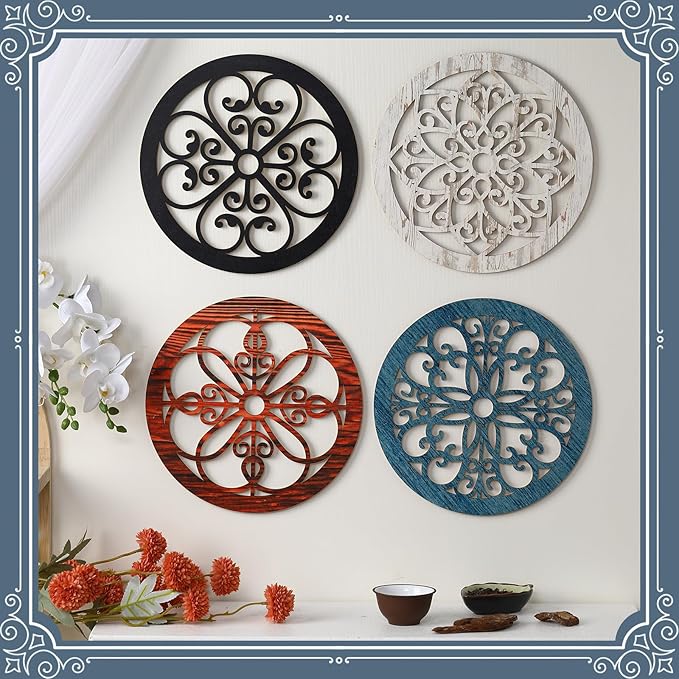 Yulejo 4 Pcs Thicken Rustic Wall Decor Farmhouse Wall Art Wooden Hollow Carved Design Rustic Round Art for Living Room Bedroom Hallway Decor Kitchen(15.7 x 15.7 Inch,groovy Style,Assorted Color)
