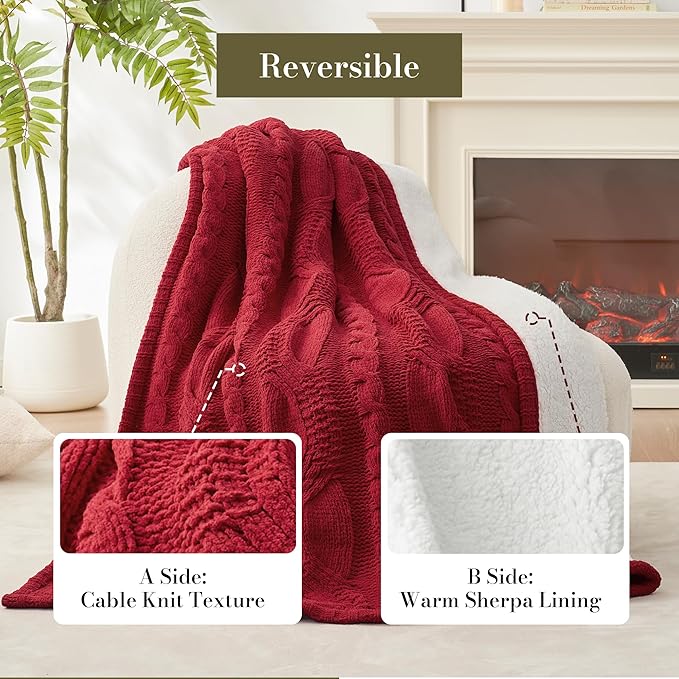Amélie Home Cable Knit Throw Blanket for Couch, Chenille Sherpa Soft Cozy Throw Blankets for Sofa Chair Comfortable Home, 50"x60", Red