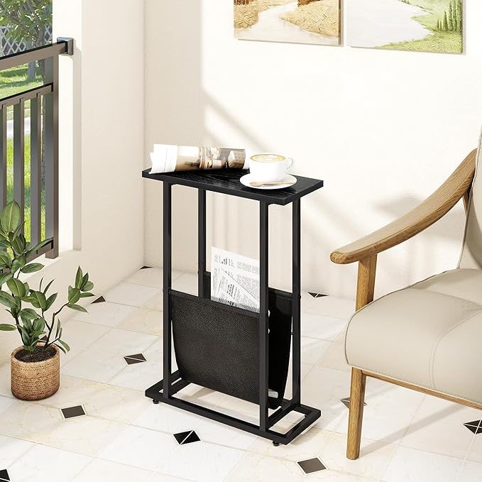Narrow Side Table for Small Place,Metal Table with PU Leather Bag,Slim Nightstand for Reading Or Storage,Sofa Side Table for Living Room,Bedroom,Black