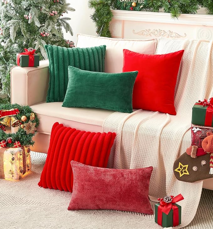 Pack of 2 Christmas Green Pillow Covers 12x20 Inch Decorative Throw Pillow Cover, Velvet Lumbar Emerald Pillowcases for Couch Sofa Bed, Home Boho Decor, Modern Soft Cushion Covers