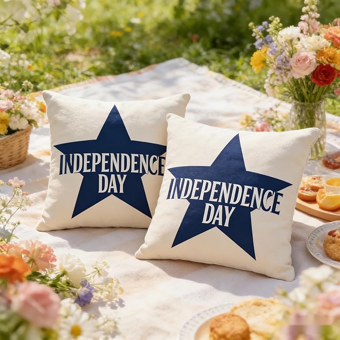 Independence Day Throw Pillow Covers, Linen, 18x18 Inch, Farmhouse Style, Set of 2, Decorative Square Cushion Covers with Zipper July 4th
