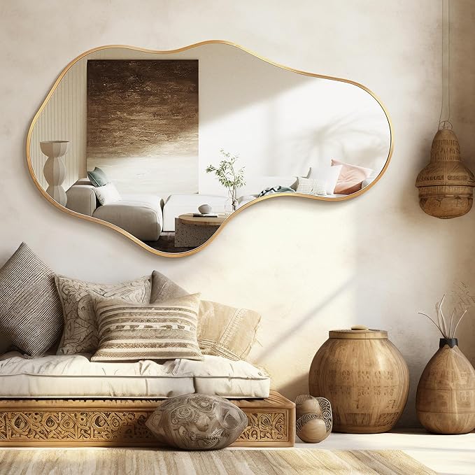 Irregular Wall Mirror - Wall Mirrors Decorative 22"x 36" Asymmetrical Abstract Mirror Aviation Aluminum Alloy Frame Unique for Bathroom, Bedroom, Living Room, Cloakroom, Entryway Gold