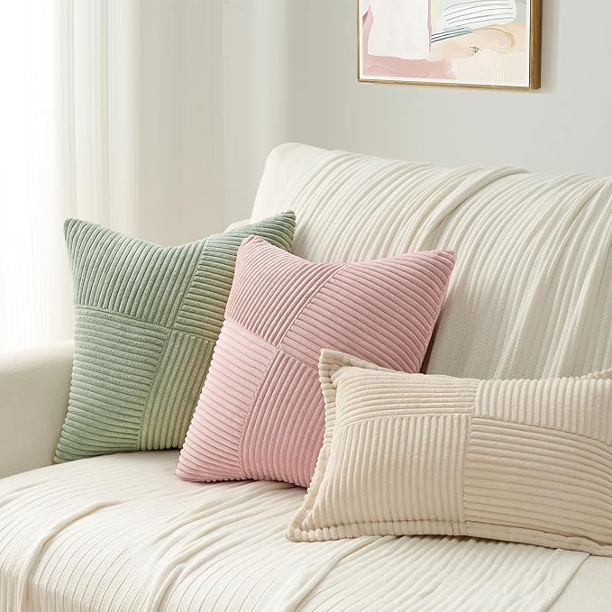 Topfinel 16x16 Inch Decorative Throw Pillow Covers Soft Corduroy Boho Stripe Textured SageGreen Pillow Covers Set of 2 Spring Farmhouse Home Decor for Living Room Couch Sofa Bed