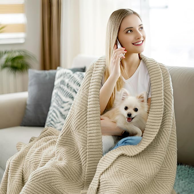 Knitted Throw Blanket 50"X60", Light Beige Knit Throws for Bed, Super Soft Boho Chevron Blankets for Couch Sofa Chair Room Decor, Textured Decorative Farmhouse Cozy Lightweight