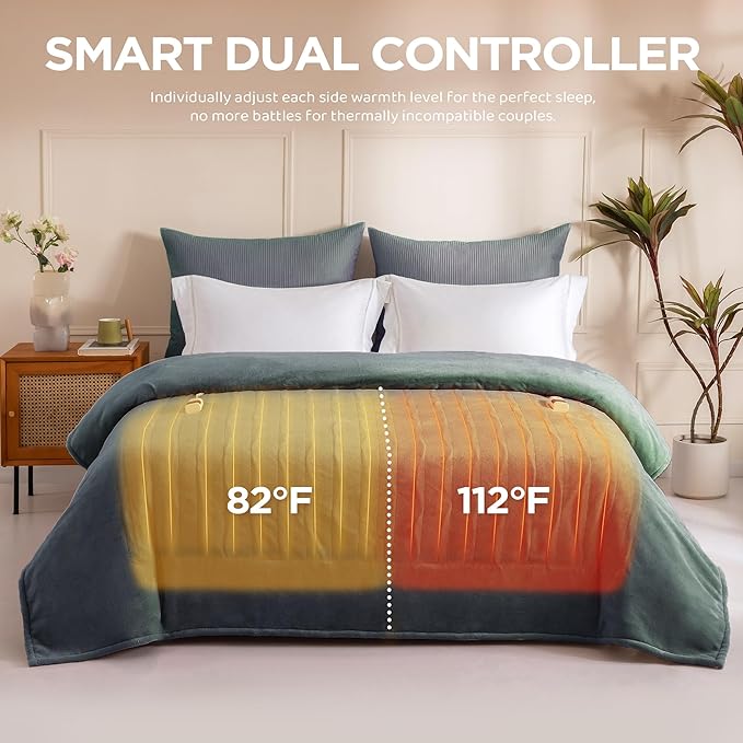 Heated Blanket King Size - Dual Controllers Electric Blanket King with 9 Heat Settings & 10 Hour Auto Off,Overheat Protection,Machine Washable 100"x90"(Lake Green)