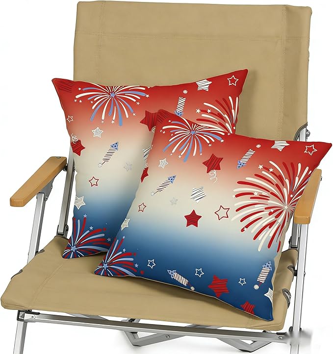 4th of July Throw Pillow Covers, Patriotic Fireworks Stars Design, Linen, 18x18 Inch, Set of 2, Farmhouse Style