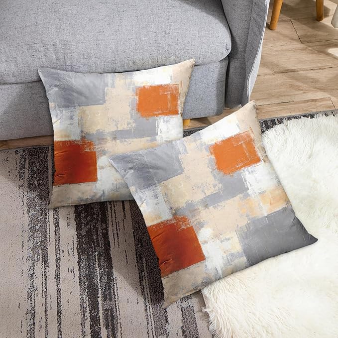 Britimes Throw Pillow Covers Modern Home Art Decor, 20 x 20 Inches Set of 2 Pillow Cases Decorative, Abstract Oil Painting Pillowcases for Bedroom, Living Room, Cushion Couch Sofa, Beige Orange