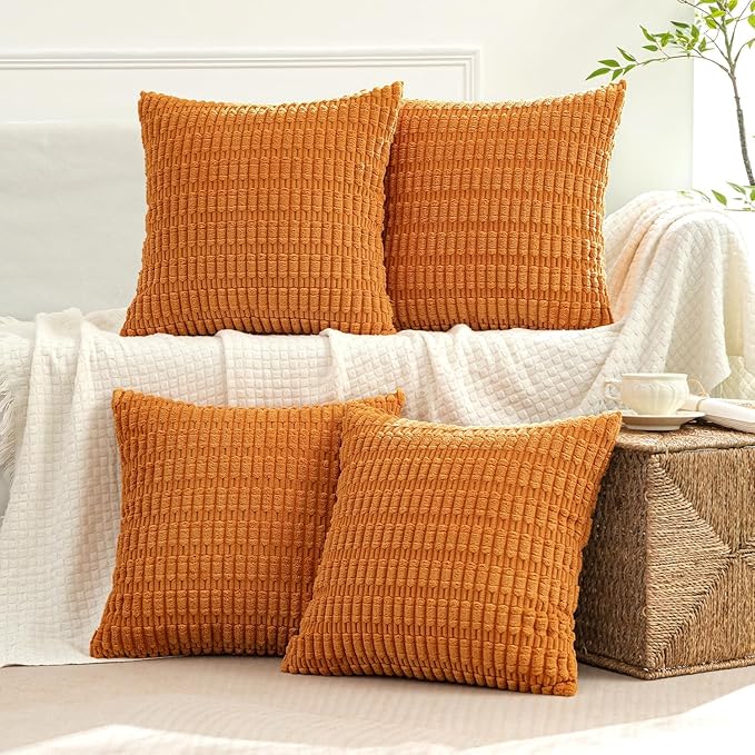 MIULEE Pack of 4 Fall Burnt Orange Corduroy Decorative Throw Pillow Covers 18x18 Inch Soft Boho Striped Pillow Covers Modern Farmhouse Home Decor for Sofa Living Room Couch Bed