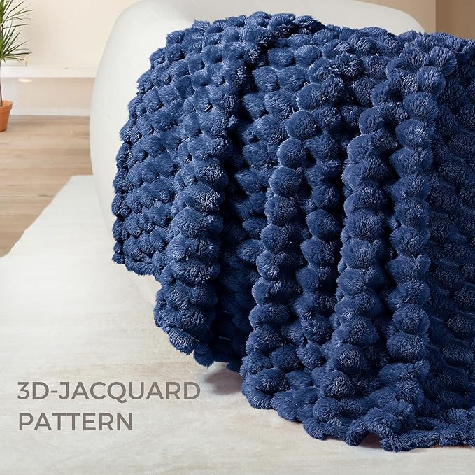 Whale Flotilla Queen Size Blanket for Bed with Jacquard Pattern, Fuzzy Soft Cozy Exquisite Blankets for All Season, Warm and Fluffy, 90x90 Inch, Navy Blue