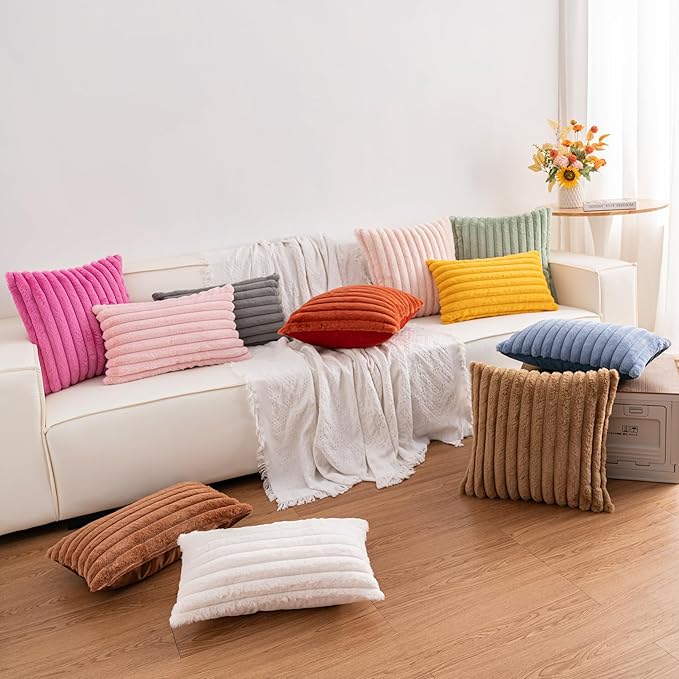 Aegero Pack of 2 Faux Fur Christmas Throw Pillow Covers 12x20 Inch, Soft Plush Striped Neutral Couch Pillow Cover, with Velvet Back Modern Home Decor for Sofa Living Room Couch Bed Rust