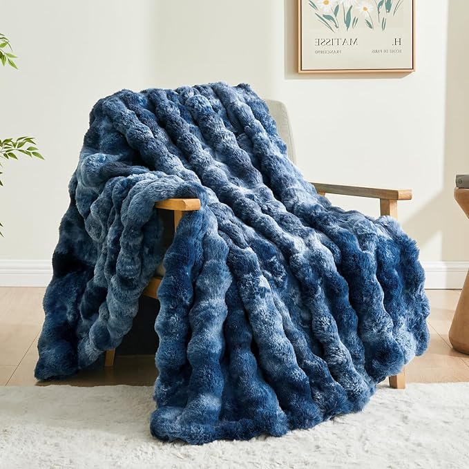 BEDELITE Faux Fur Throw Blanket for Couch, Decorative Tie-Dye Blue Plush Bubble Blanket - Super Soft & Cozy Fluffy Faux Rabbit Fur Blanket for Women Gift, 60x80 Inches