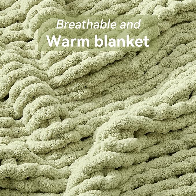 Chunky Knit Throw Blanket, 80''*90'' Knitted Throw Chenille Yarn for Bed Couch, Handmade Light Green Crochet Big Thick Blanket, Machine Washable Cute Comfy Blanket for Home Decor