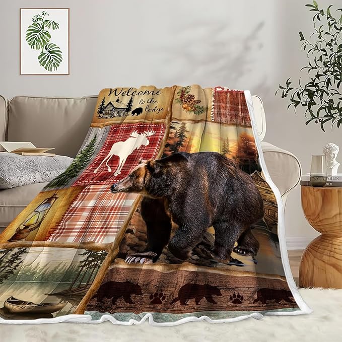 JAWO Rustic Cabin Throw Blankets, Farmhouse Country Antique Bear Moose Forest Vintage Cozy Warm Bed Couch Blanket，Hunting Camping Theme Fleece Flannel Throws to Decorate The Room and Bedroom 60X80IN