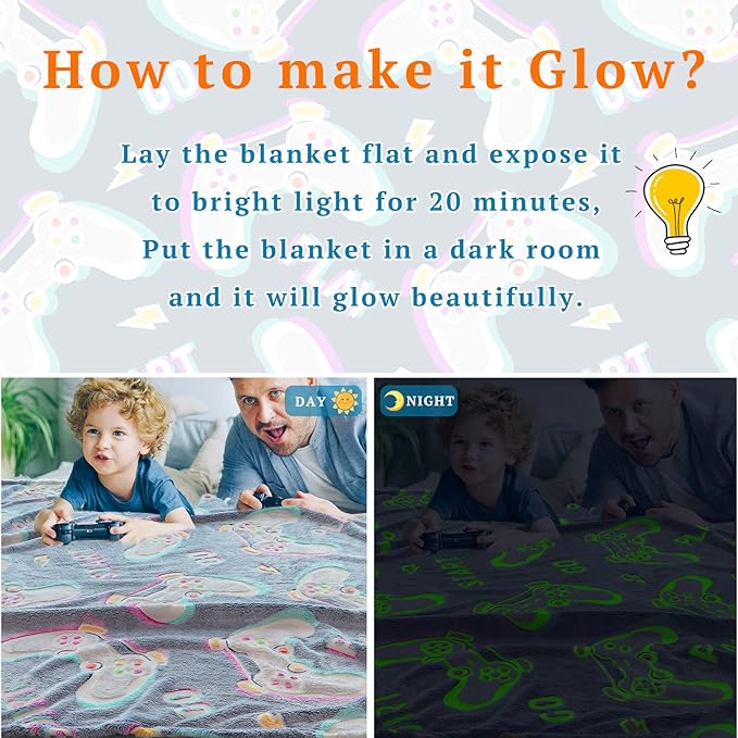 obinsm Easter Gifts for Boys & Teens, Gamer Throw Blanket, Video Game Blanket, Game Controller Blanket, Birthday & Easter Gifts, Luminous Glow in The Dark, Gaming Room Decor