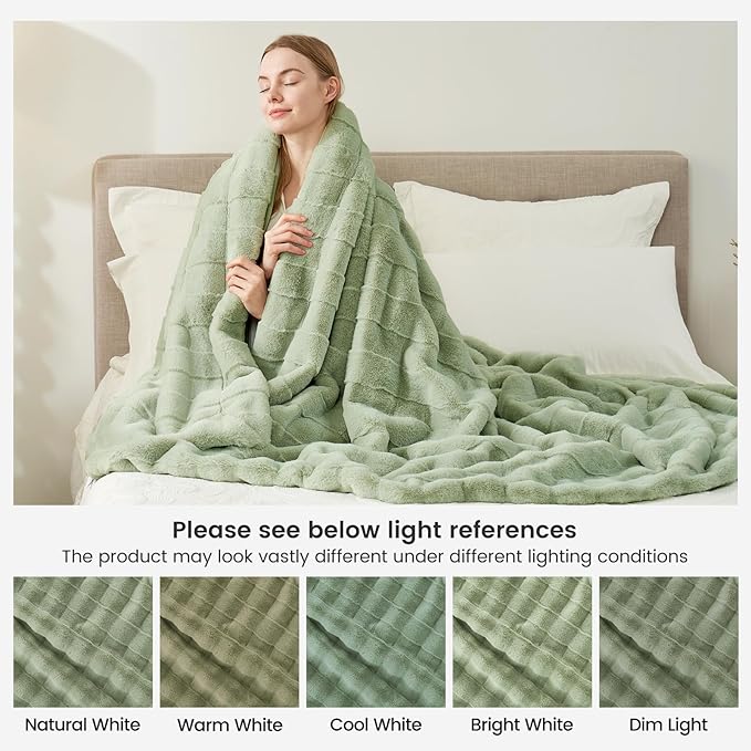 Cozy Bliss Fluffy Faux Fur Blanket Queen Size for Bed, Fuzzy Soft Striped Plush Blanket, Thick Throw for Bedroom Couch Gift, 90x90 Inches Sage Green