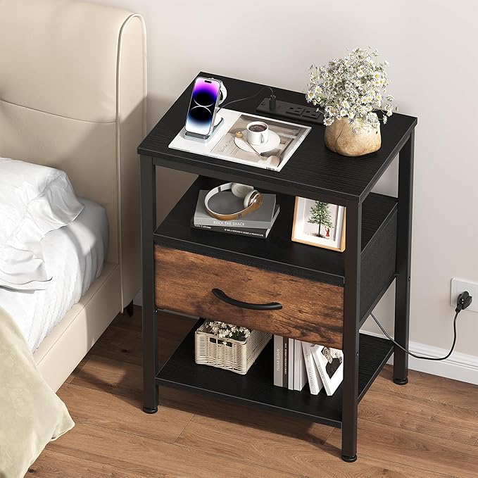 DUMOS Nightstand Set of 2 with Wireless Charging Station Bed Side Tables with Adjustable Fabric Drawers 3-Tier Storage End Tables Modern Design,Black and Brown