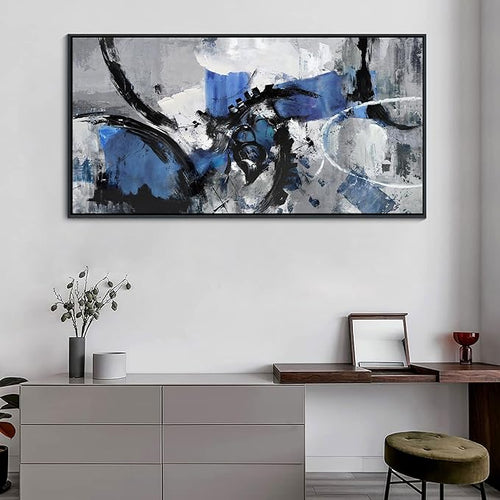 AJAZIKO Blue Abstract Canvas Wall Art: Wall Art for Living Room, Bedroom & Gray Office Decorations for Work, Framed Artwork - Modern Decor with Blue & Black Paintings Pictures Wall Decor 20×40IN