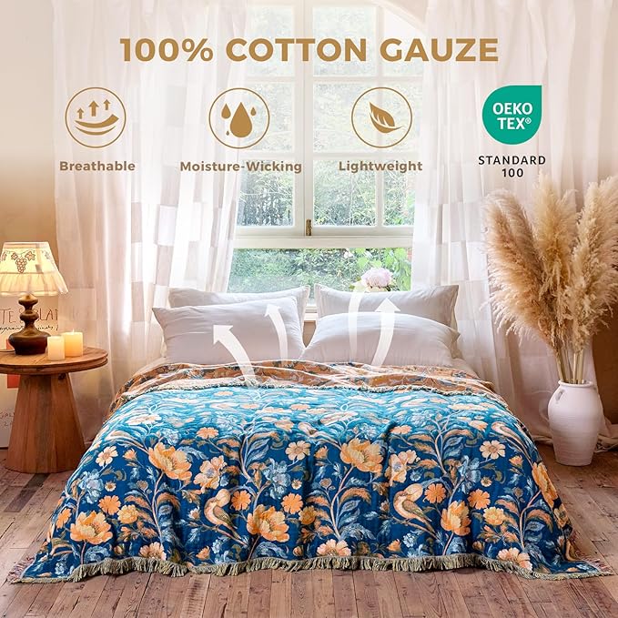 Boho Throw Blanket for Couch Sofa Chair Cotton Spring Blankets for Bedroom Living Room All Season Soft Lightweight Reversible Floral Bird Embroidery Decorative Throws 50"x60"