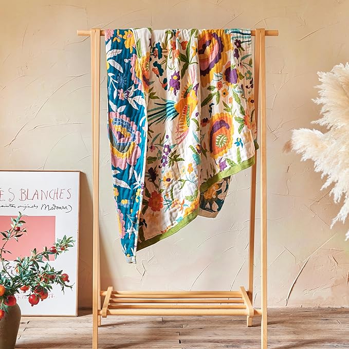 Boho Throw Blanket - 90"x90" 100% Cotton Ultra Soft Lightweight Blanket, 4-Layer Breathable Muslin Spring Blankets for Bed Couch, Reversible Green Floral Bird Printed Bohemian Cotton Quilt
