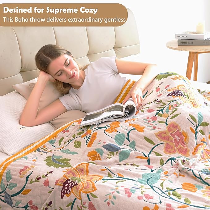 Boho Throw Blanket for Bed, 100% Organic Cotton Breathable Ultra Soft 50" x 60" Quilt Beige Throw - All Season Floral Farmhouse Decor Luxury Reversible Blanket for Sofa Couch Chair and Gift