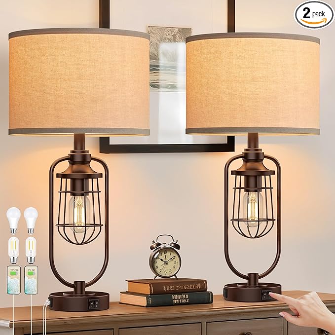 Table Lamps for Living Room Set of 2, Farmhouse Lamps for Night Stands, Industrial Bedside Lamps for Bedroom Nightstand with USB A+C, Bulbs Included