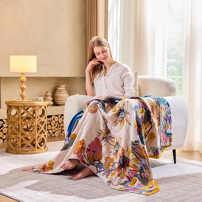 Boho Throw Blanket, 100% Cotton Ultra Soft Luxury Throw Rustic Quilt, 60"x80" Floral Bird Butterfly Farmhouse Decor Bed Blankets, All Season Rustic Reversible Bohemian Throw for Bed - Yellow
