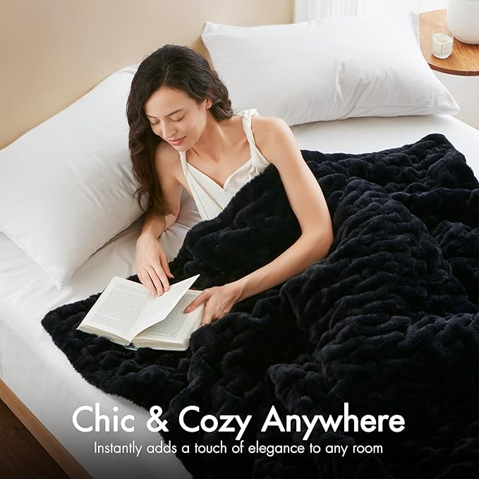 Madison Park Ruched Luxury Throw Premium Soft Cozy Brushed Long Faux Fur For Bed, Couch or Sofa, 50 x 60 in, Black
