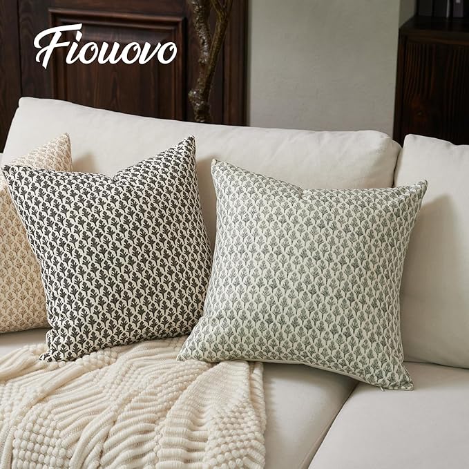 FIOUOVO Floral Pillow Covers 18x18 Pillow Cover Block Print Couch Pillows for Living Room Decorative Neutral Accent Throw Pillow Covers, 1PC, Olive Green
