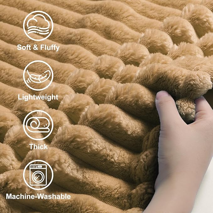 decorUhome Soft Fleece Brown Twin Blanket for Bed, Cozy Fluffy Plush Flannel Striped Throws for Couch Sofa, Lightweight Decorative Ribbed Fuzzy Blanket for Woman, 60x80 Inches